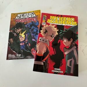 Books, Anime, Manga. My Hero Academia Vol 2 and Vigilantes Vol 1.